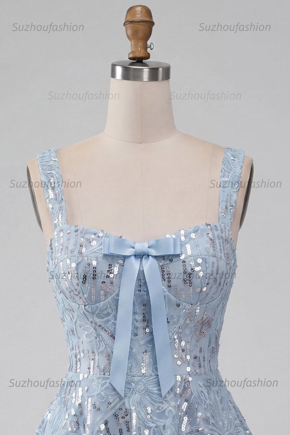 Suzhoufashion Floral Sky Blue Sequin A-Line Short Homecoming Dress with Bow