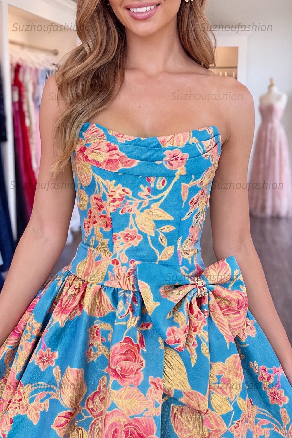 Suzhoufashion Floral Strapless Blue A-Line Short Homecoming Dress with Bow