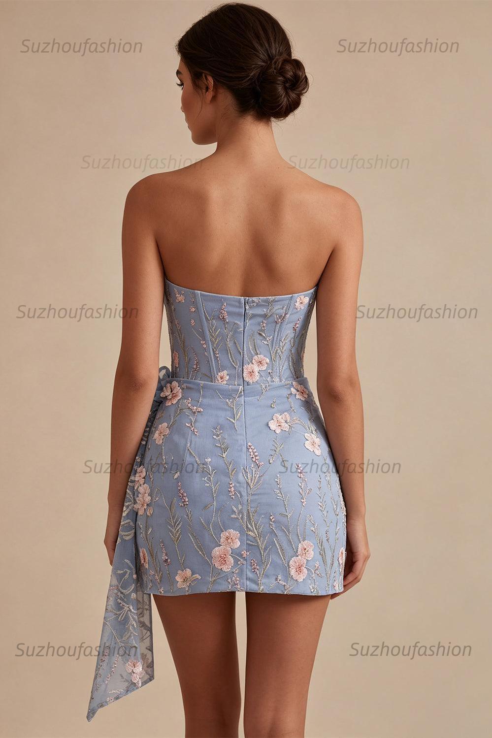 Suzhoufashion Floral Strapless Light Blue Beaded Tight Short Homecoming Dress