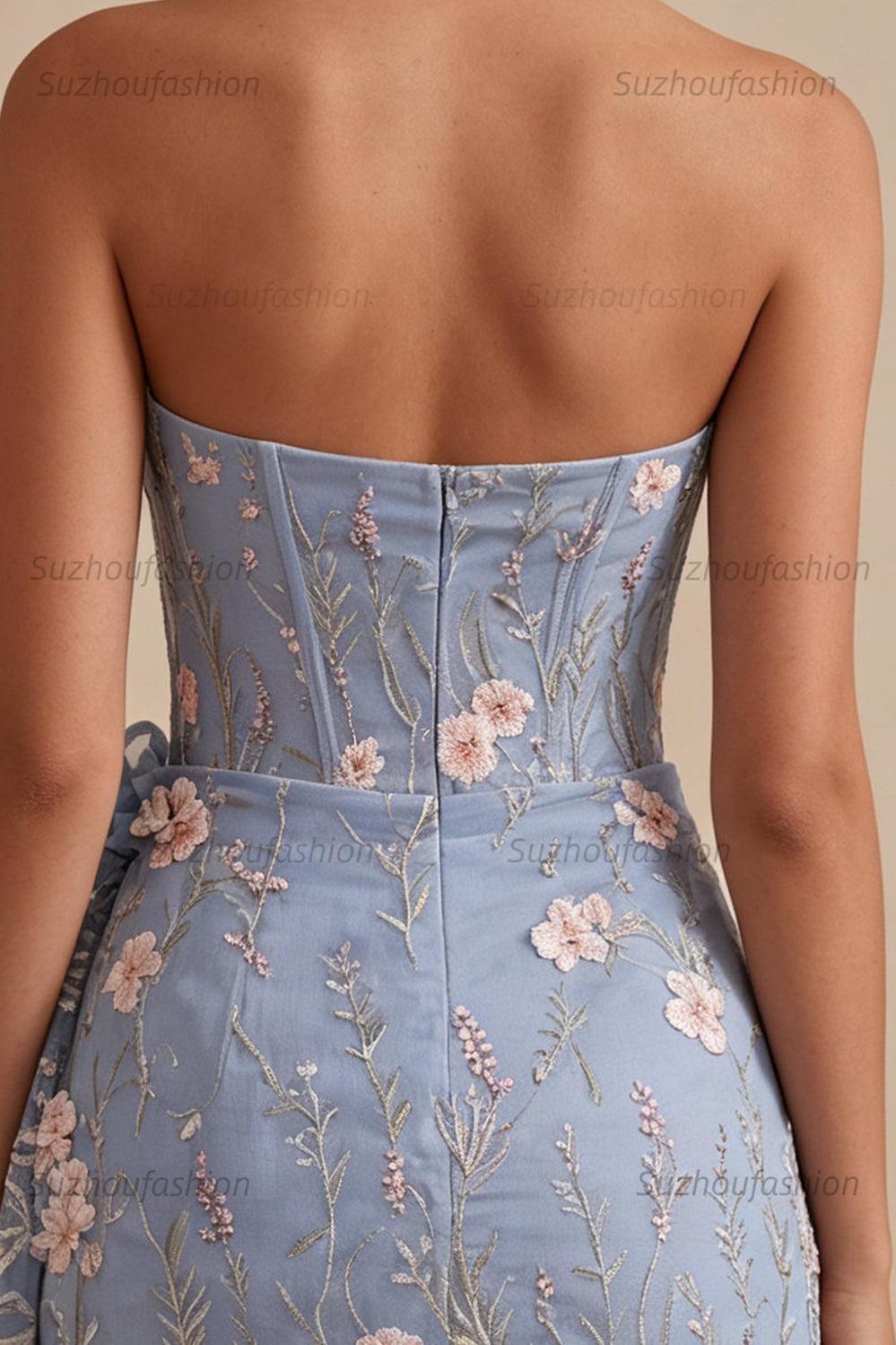 Suzhoufashion Floral Strapless Light Blue Beaded Tight Short Homecoming Dress