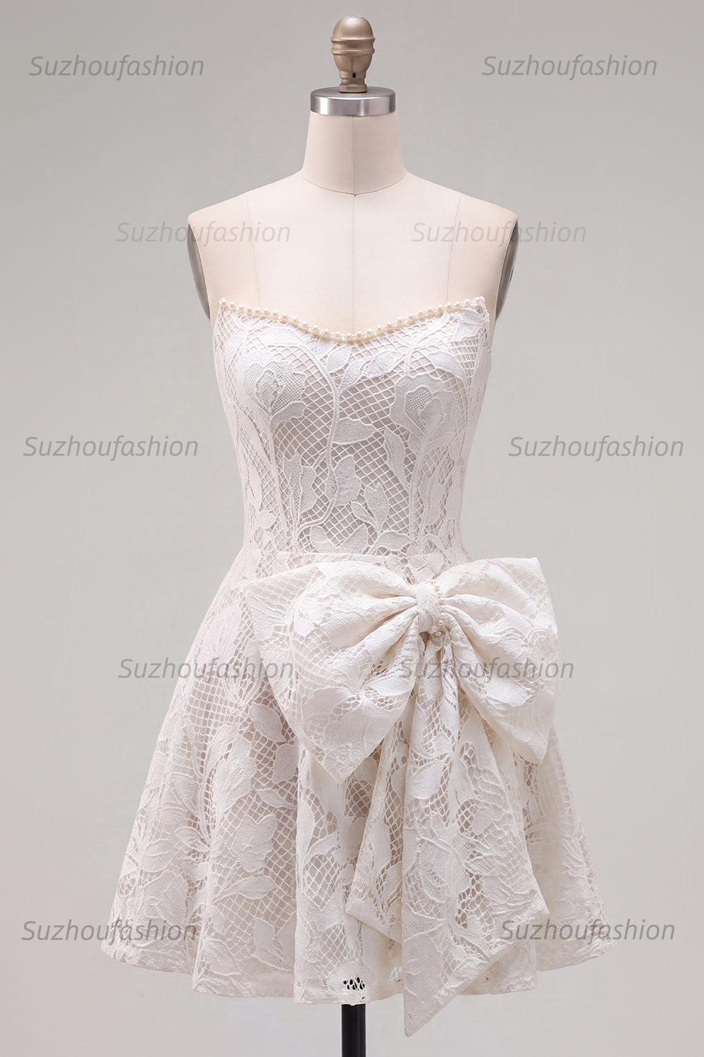 Suzhoufashion Floral White Lace A-Line Strapless Short Homecoming Dress with Bow