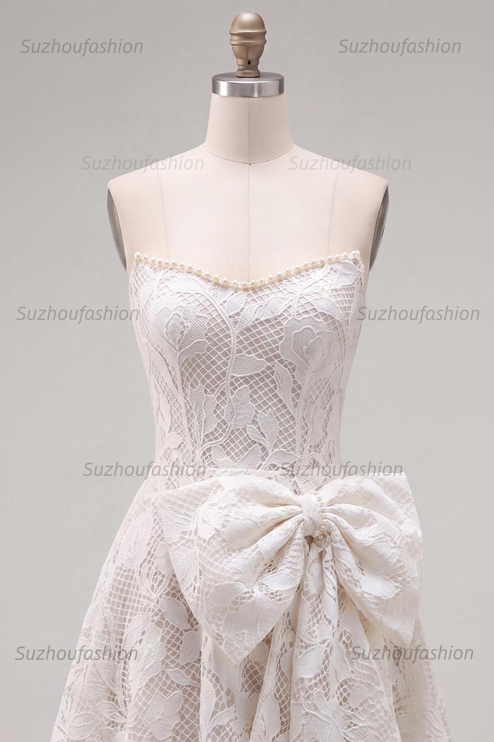 Suzhoufashion Floral White Lace A-Line Strapless Short Homecoming Dress with Bow