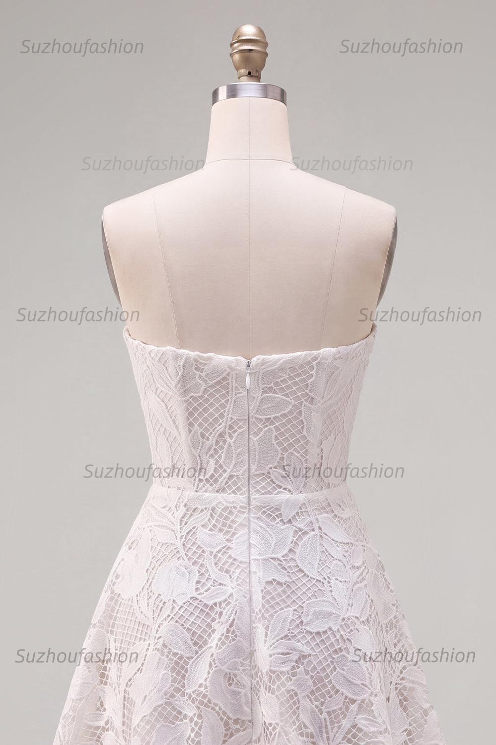 Suzhoufashion Floral White Lace A-Line Strapless Short Homecoming Dress with Bow