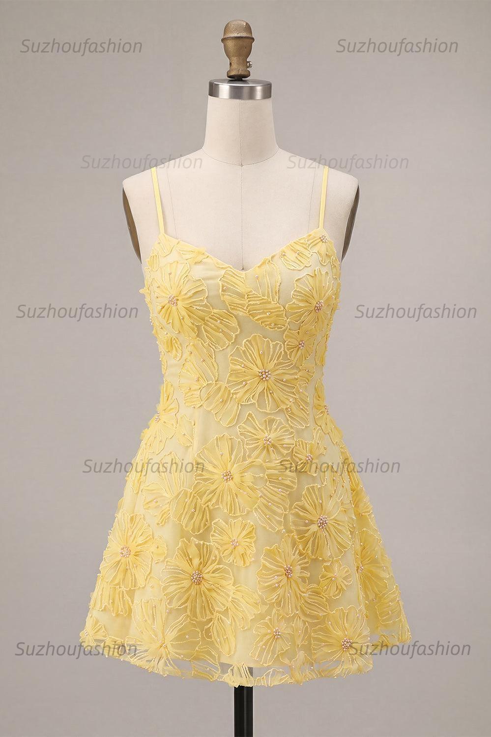 Suzhoufashion Floral Yellow A-Line Beaded Short Homecoming Dress