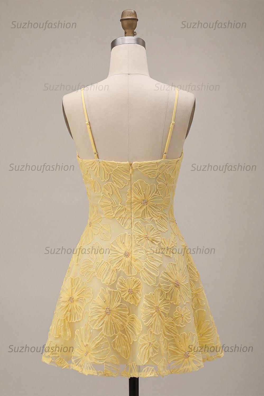 Suzhoufashion Floral Yellow A-Line Beaded Short Homecoming Dress