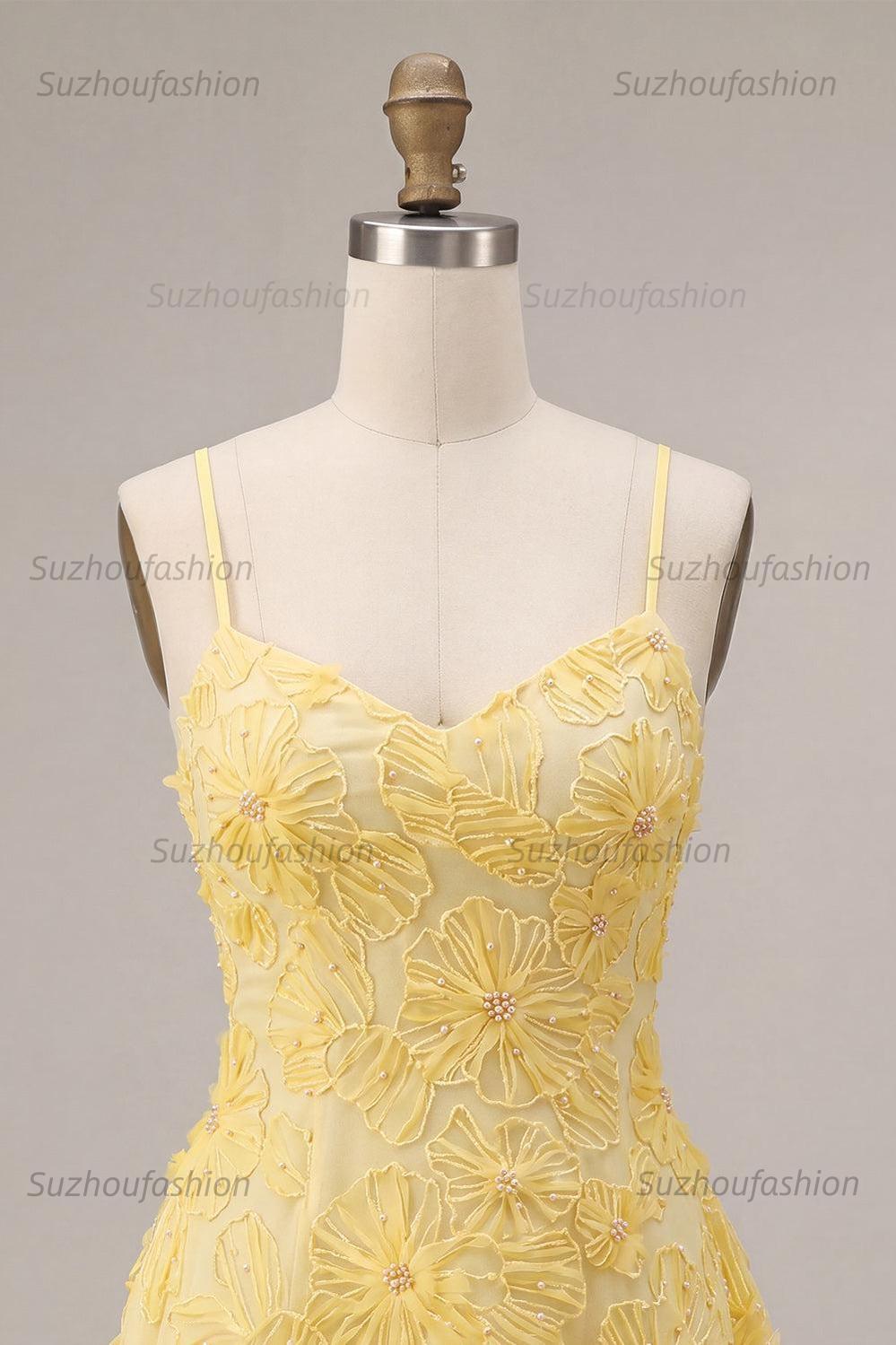 Suzhoufashion Floral Yellow A-Line Beaded Short Homecoming Dress