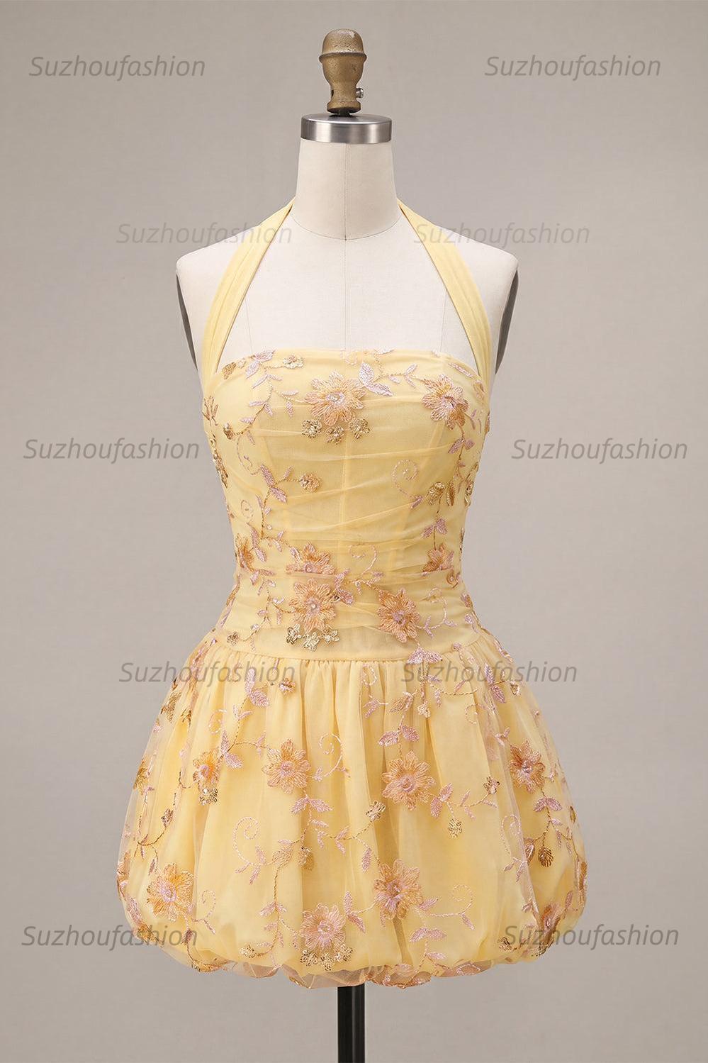 Suzhoufashion Floral Yellow A-Line Halter Short Corset Homecoming Dress