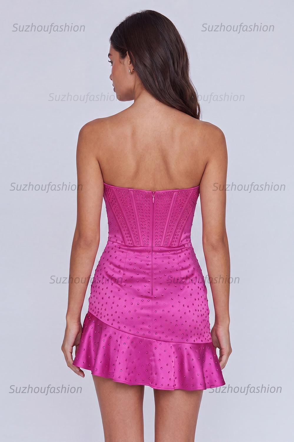 Suzhoufashion Fuchsia Beaded Corset Ruffled Strapless Tight Short Homecoming Dress