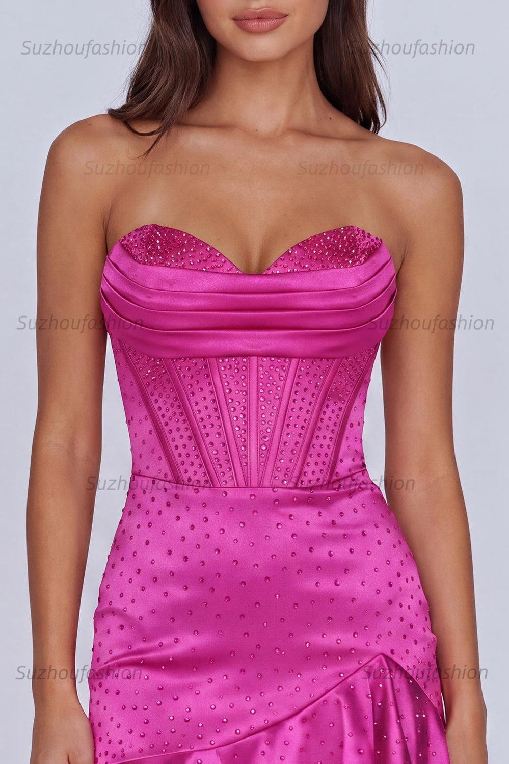 Suzhoufashion Fuchsia Beaded Corset Ruffled Strapless Tight Short Homecoming Dress