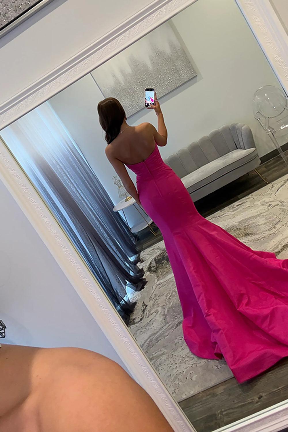 Suzhoufashion Fuchsia Mermaid Prom Dress Satin Strapless Keyhole Long Formal Dress With Bows