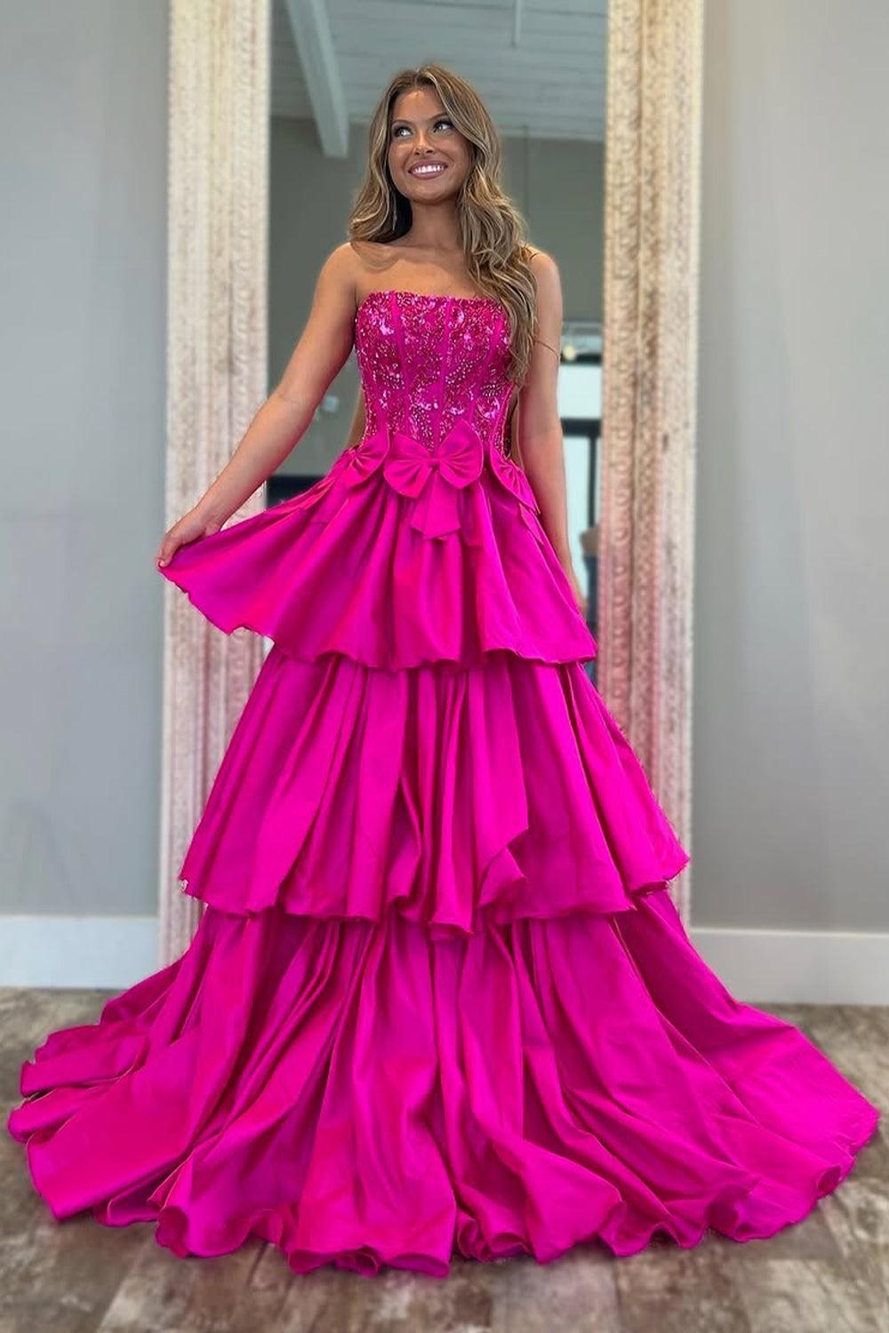 Suzhoufashion Fuchsia Strapless Layered Satin A-Line Prom Dress With Glitter Bodice And Bowknot Formal Evening Gown