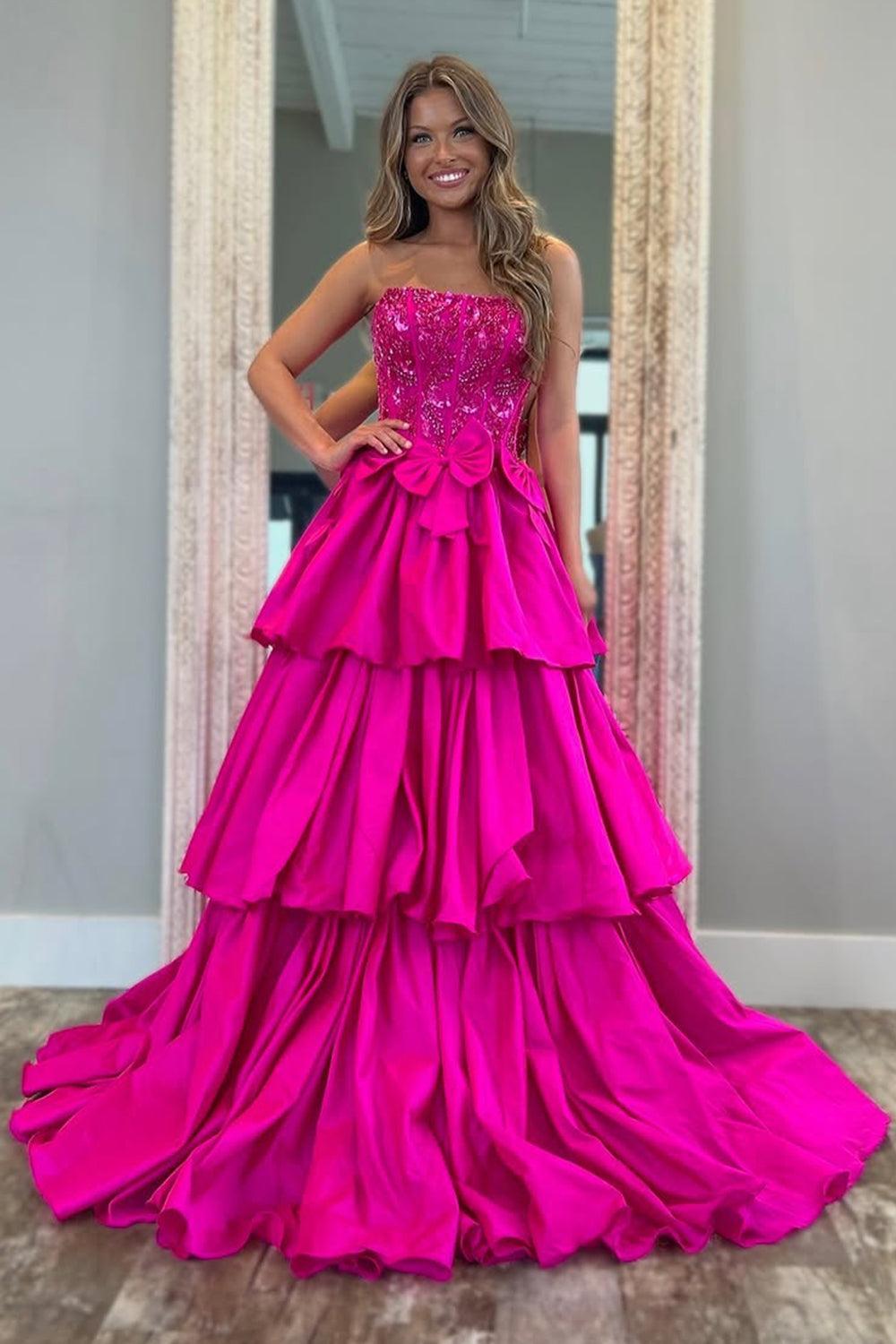 Suzhoufashion Fuchsia Strapless Layered Satin A-Line Prom Dress With Glitter Bodice And Bowknot Formal Evening Gown