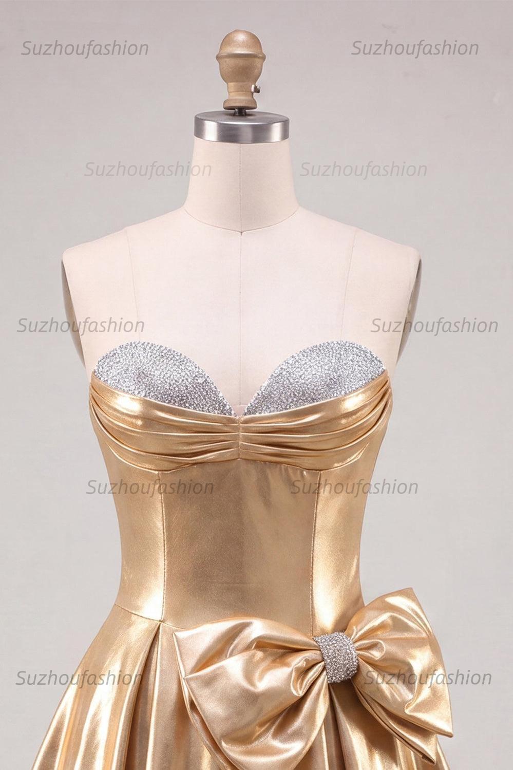 Suzhoufashion Gold A Line Metallic Beaded Short Homecoming Dress with Bow