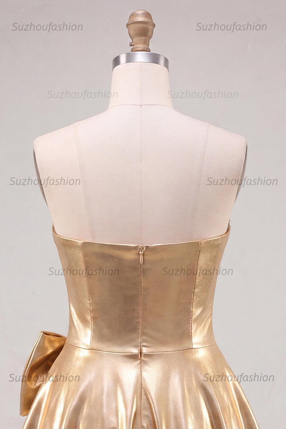Suzhoufashion Gold A Line Metallic Beaded Short Homecoming Dress with Bow