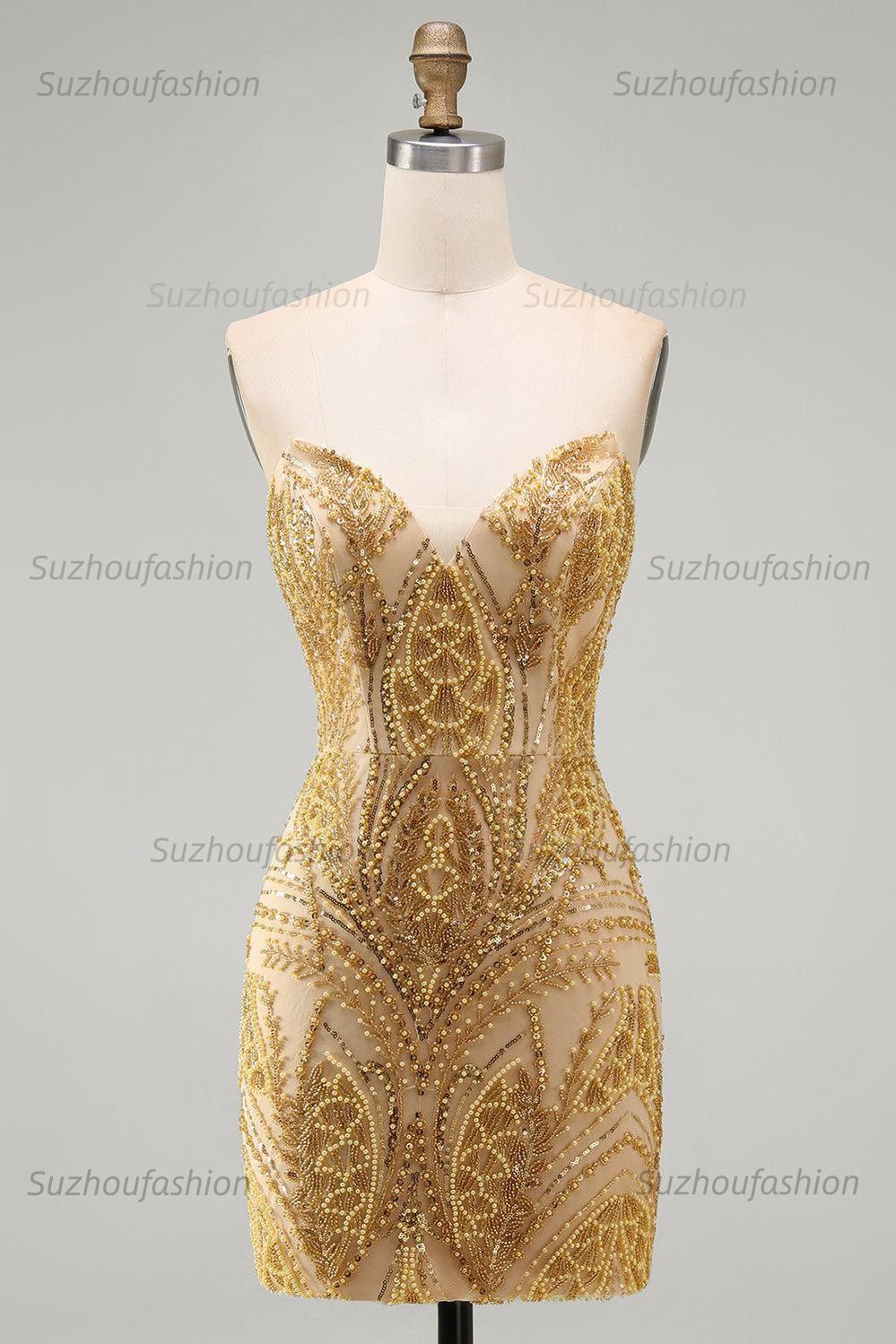 Suzhoufashion Gold Beaded Tight Short Homecoming Dress
