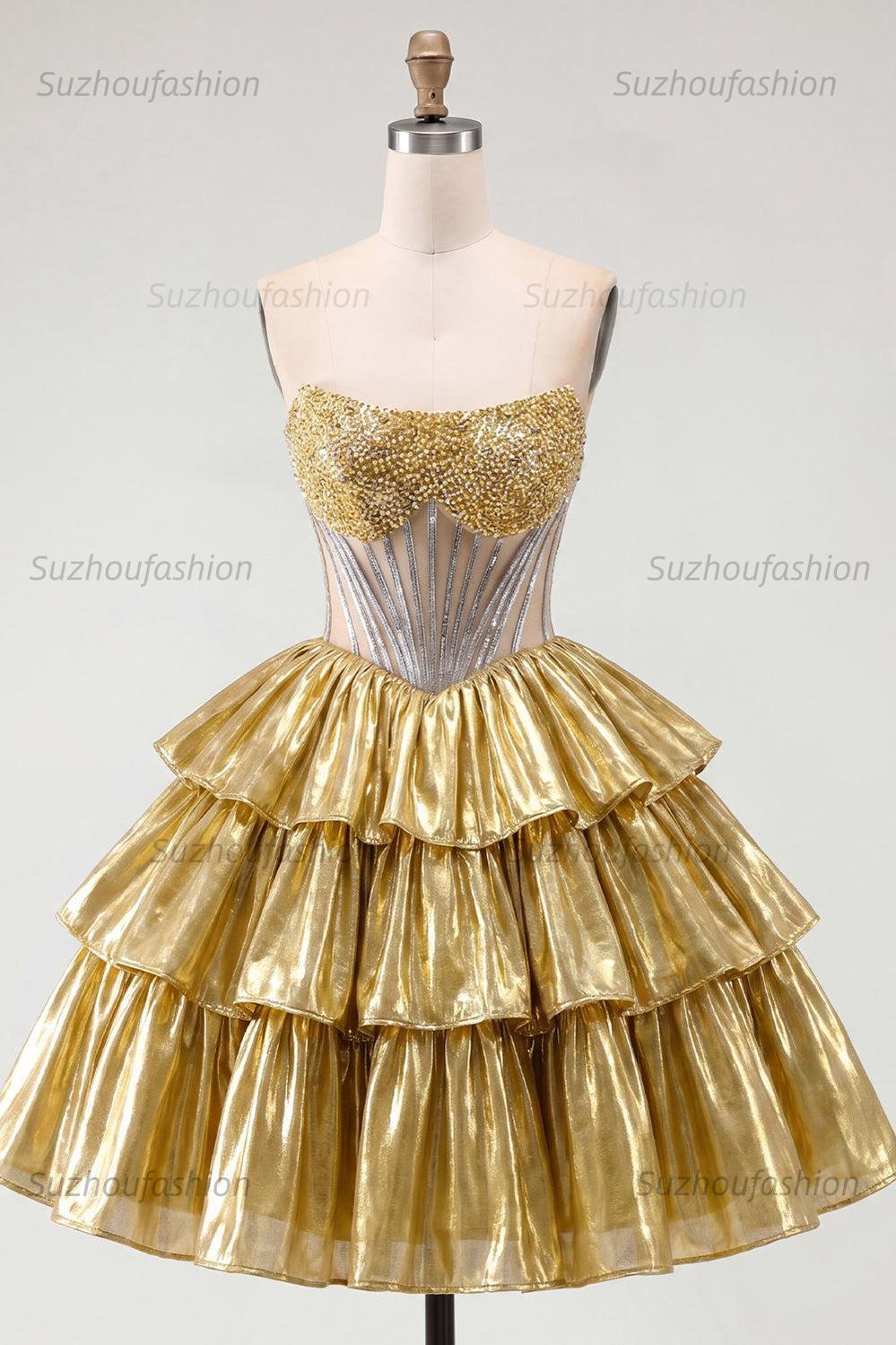 Suzhoufashion Gold Metallic Strapless Beaded A-Line Corset Short Homecoming Dress
