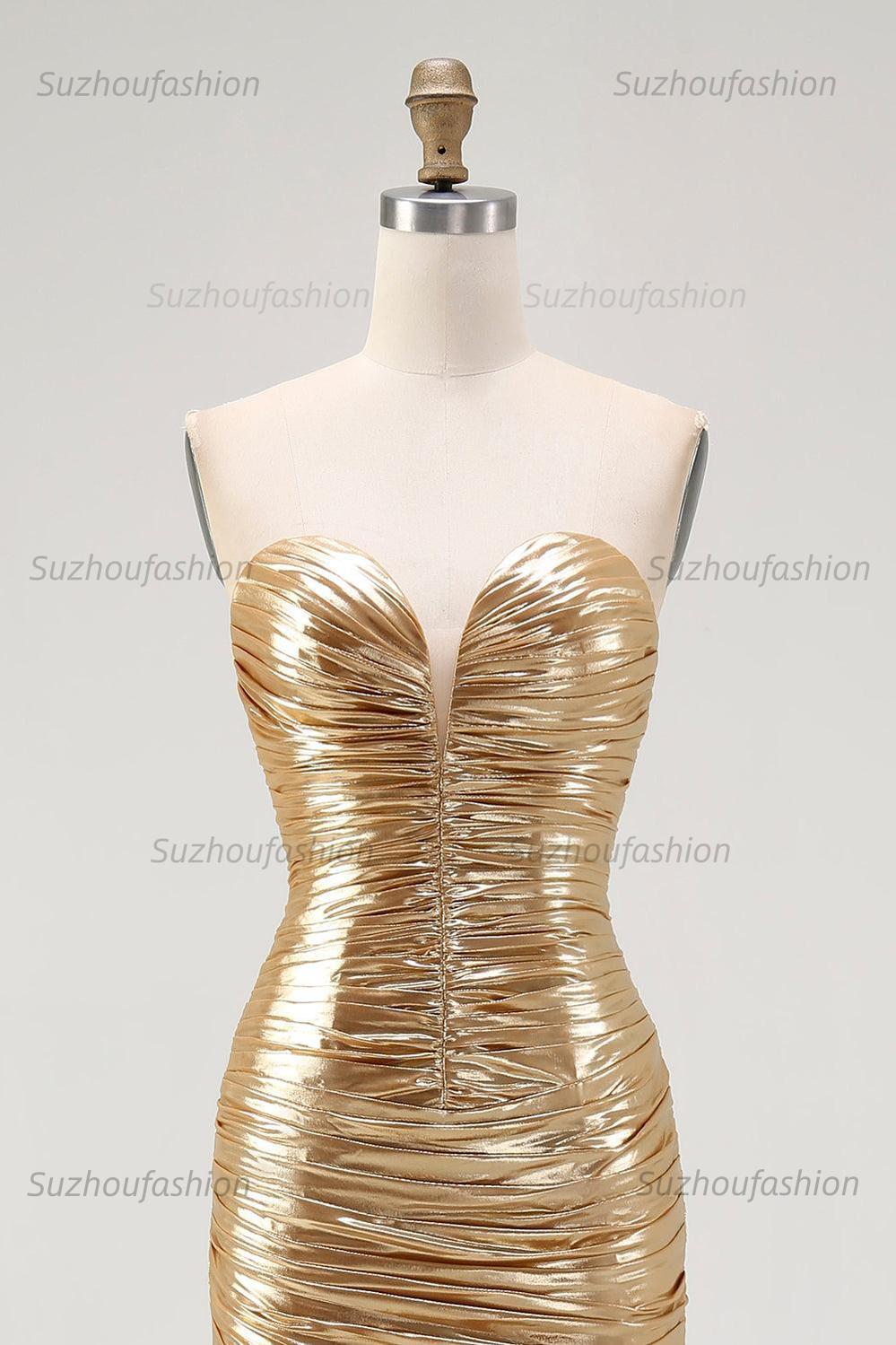 Suzhoufashion Gold Metallic Sweetheart Ruched High-Low Cocktail Dress