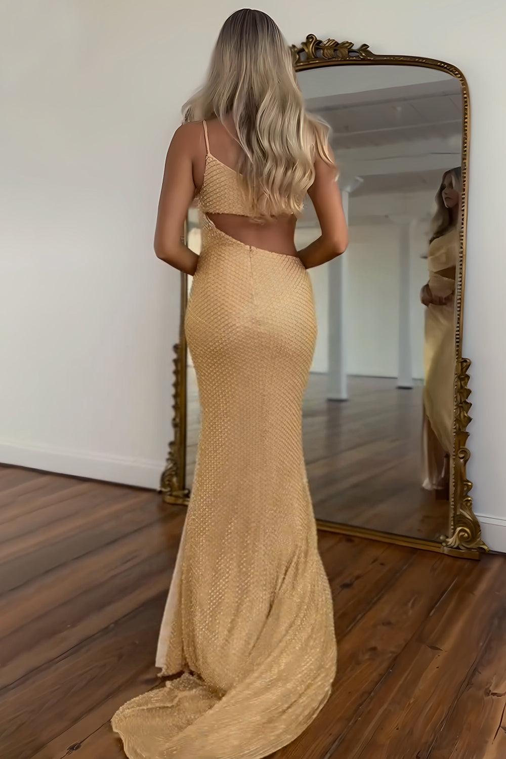 Suzhoufashion Gold One-Shoulder Sequin Mermaid Prom Dress With Architectural Cutout Formal Evening Gown