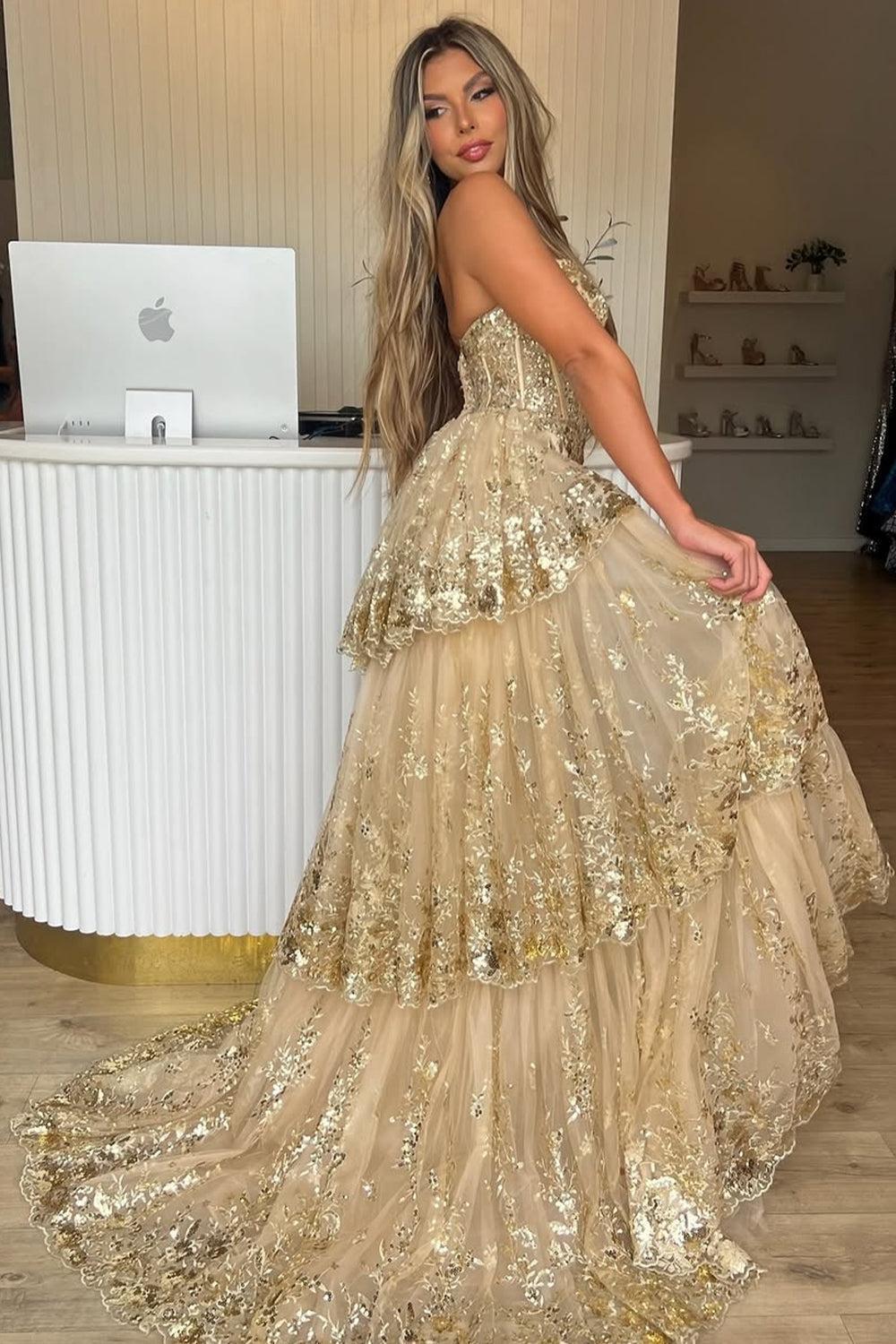 Suzhoufashion Gold Sequin Train Sweetheart A-Line Lace Long Prom Dress With Tiered Tulle Split Formal Evening Gown