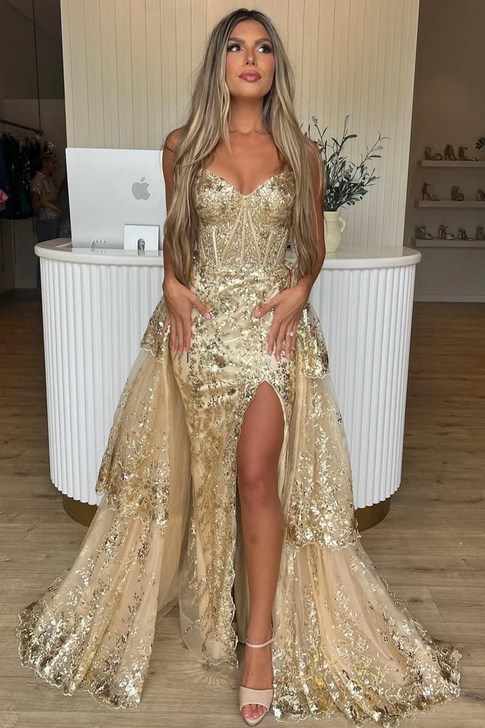 Suzhoufashion Gold Sequin Train Sweetheart A-Line Lace Long Prom Dress With Tiered Tulle Split Formal Evening Gown