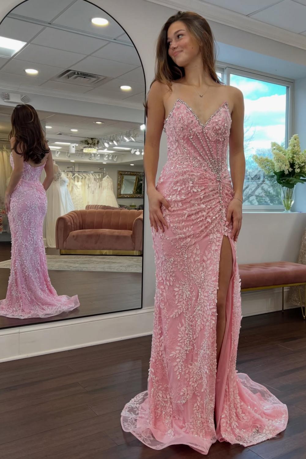 Suzhoufashion Gorgeous Mermaid Sweetheart Pink Long Prom Dress With Split Front Appliques Formal Evening Gown