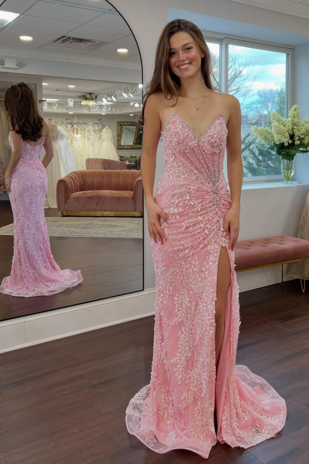 Suzhoufashion Gorgeous Mermaid Sweetheart Pink Long Prom Dress With Split Front Appliques Formal Evening Gown