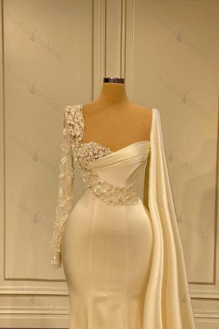 Suzhoufashion Gorgeous White Sweetheart Beading Mermaid Prom Dresses With Long Sleeves