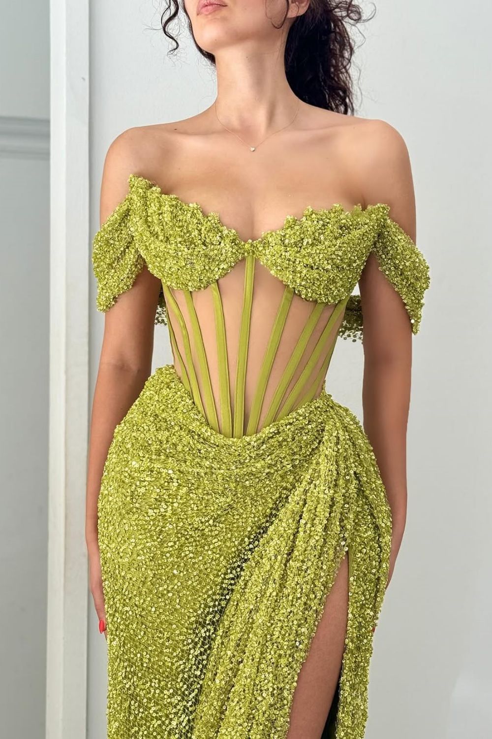Suzhoufashion Green Off Shoulder Corset Sequin Prom Dress With High Slit Formal Evening Gown