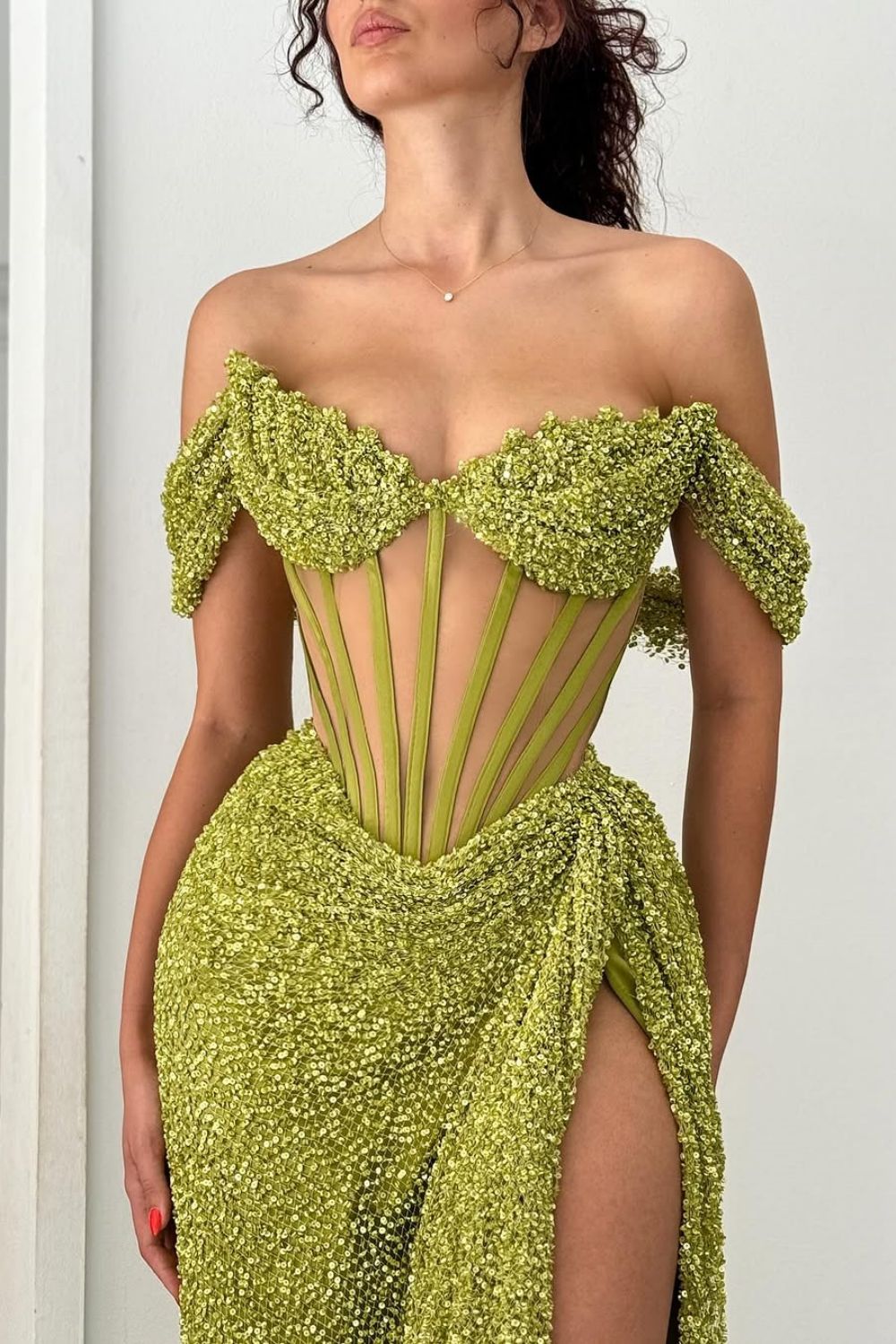 Suzhoufashion Green Off Shoulder Corset Sequin Prom Dress With High Slit Formal Evening Gown