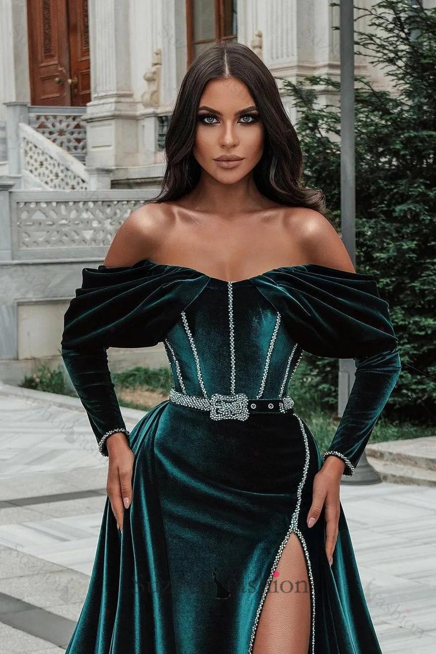 Suzhoufashion Green Velvet Formal Dress Mermaid Long Sleeve Christmas Party Dress with Slit