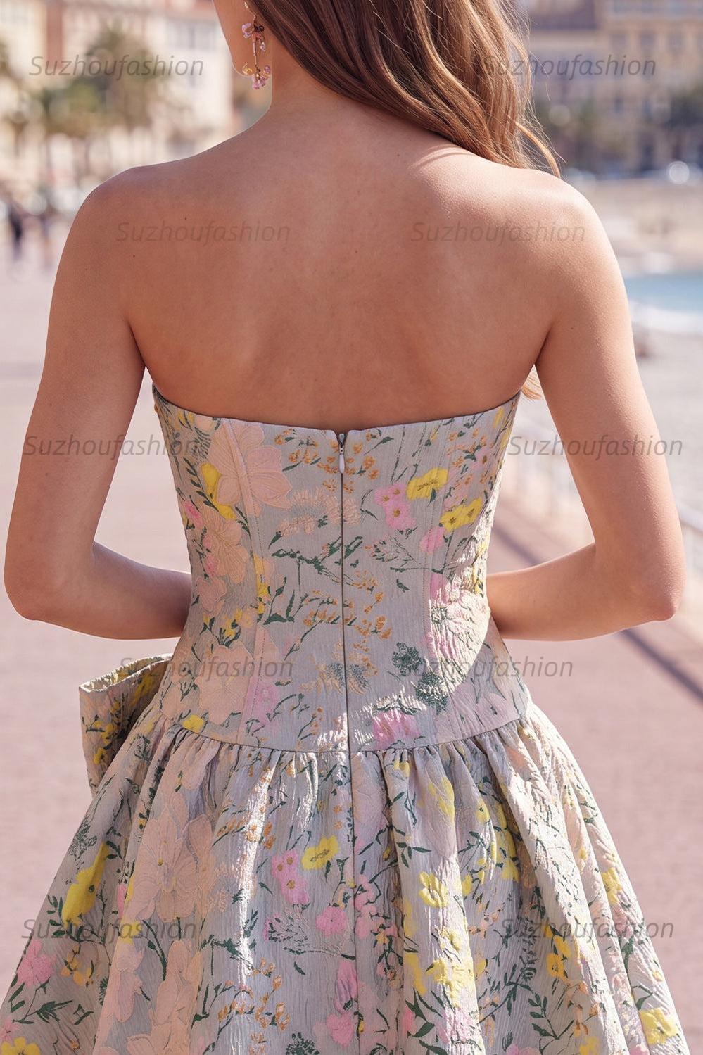 Suzhoufashion Grey A-Line Jacquard Short Corset Homecoming Dress with Bow