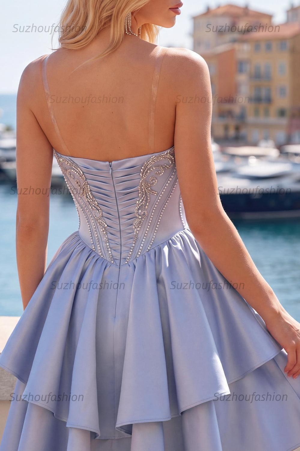 Suzhoufashion Grey-Blue Beaded A-Line Corset Short Homecoming Dress with Ruffles