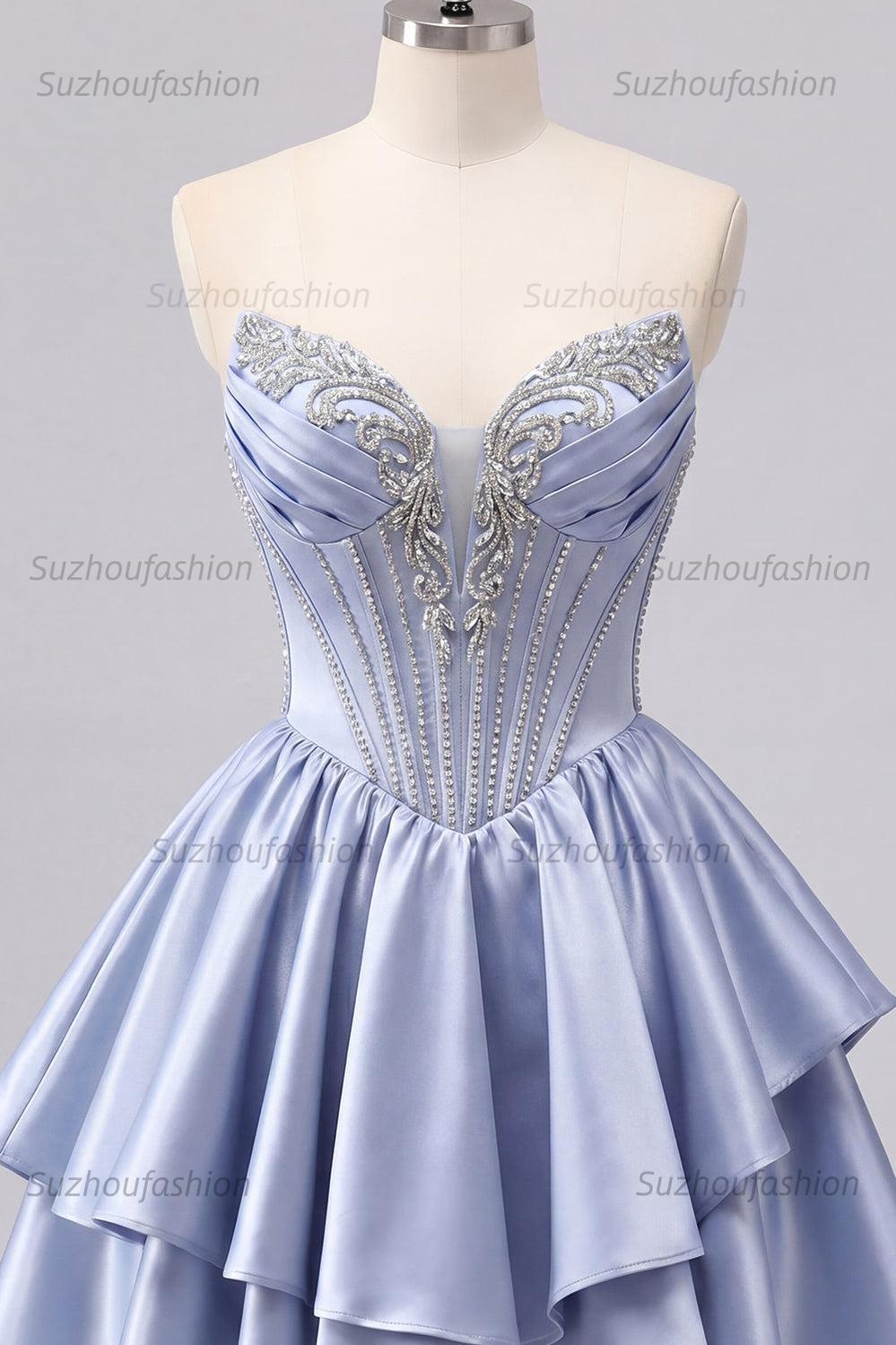 Suzhoufashion Grey-Blue Beaded A-Line Corset Short Homecoming Dress with Ruffles