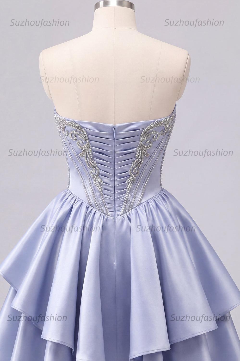 Suzhoufashion Grey-Blue Beaded A-Line Corset Short Homecoming Dress with Ruffles
