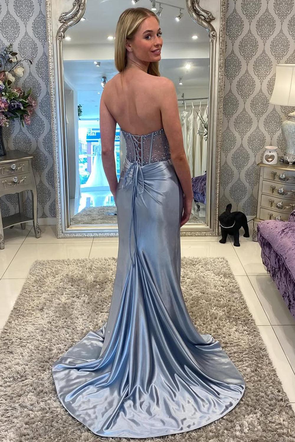 Suzhoufashion Grey Blue Beaded Mystique Mermaid Dress With High Slit And Train Formal Evening Gown