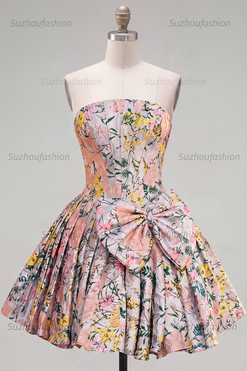 Suzhoufashion Grey Corset Jacquard A-Line Short Homecoming Dress with Bow