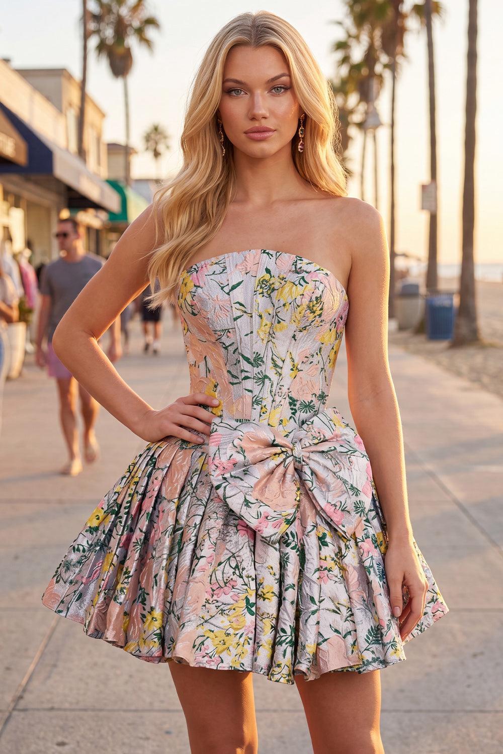 Suzhoufashion Grey Corset Jacquard A-Line Short Homecoming Dress with Bow