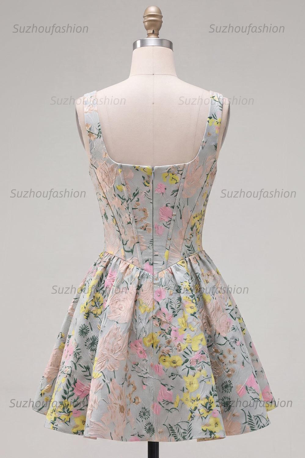 Suzhoufashion Grey Square Neck Jacquard A-Line Short Corset Homecoming Dress