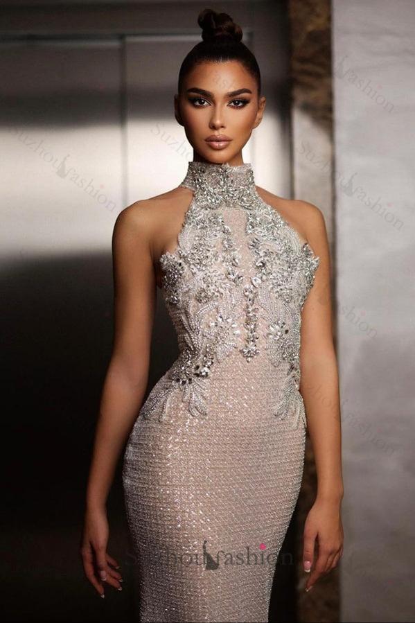 Suzhoufashion Halter Formal Dress Silver Beaded Sheath/Column Evening Gown