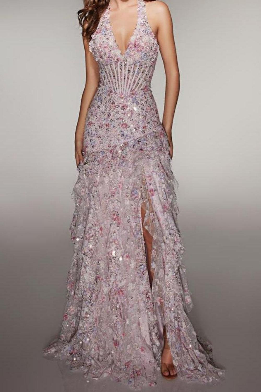 Suzhoufashion Halter Sequin Prom Dress With Corset Bodice High Slit & Ruffle Skirt Formal Evening Gown