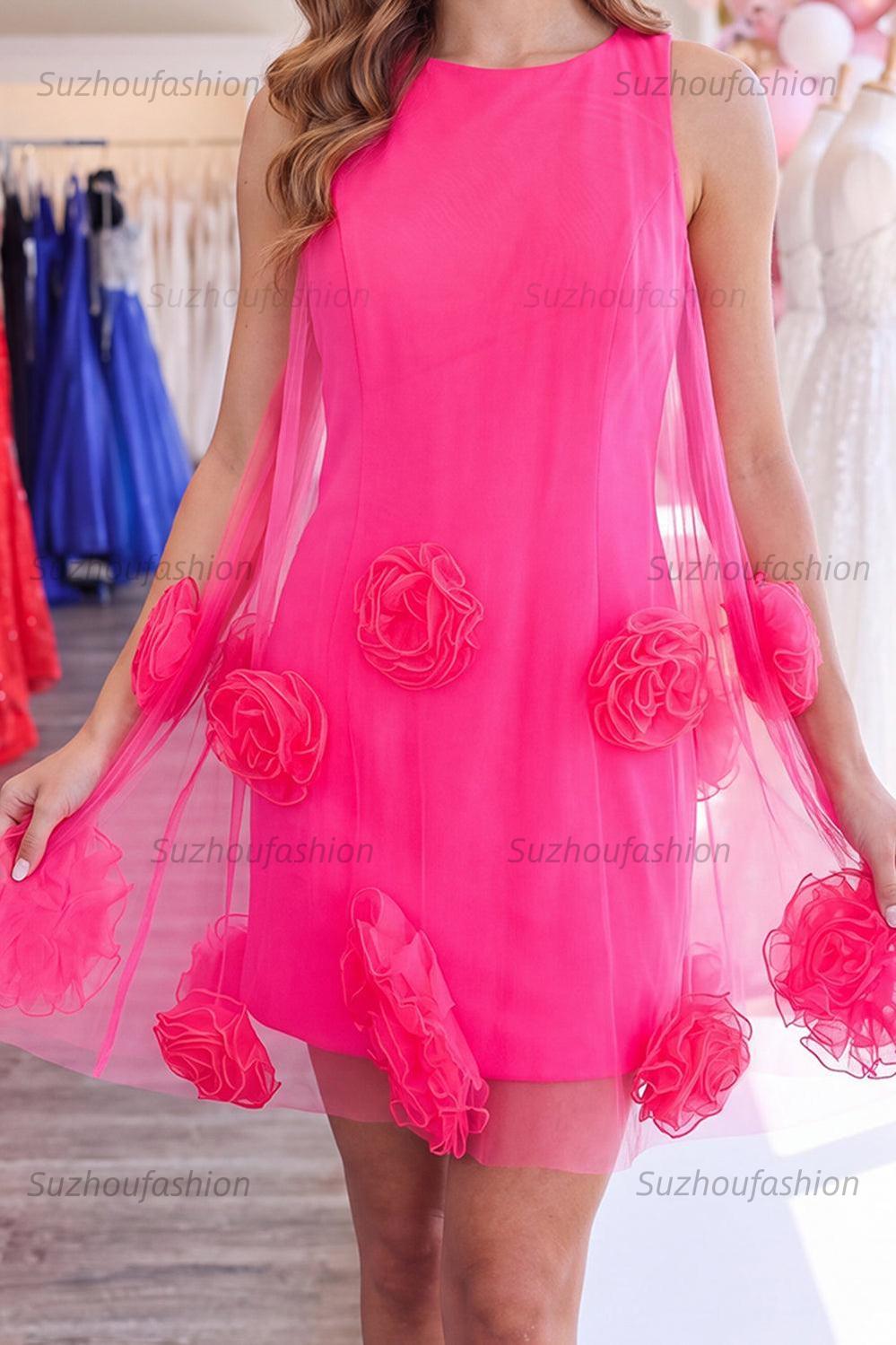 Suzhoufashion Hot Pink Round Neck Bodycon Short Homecoming Dress with 3D Flowers
