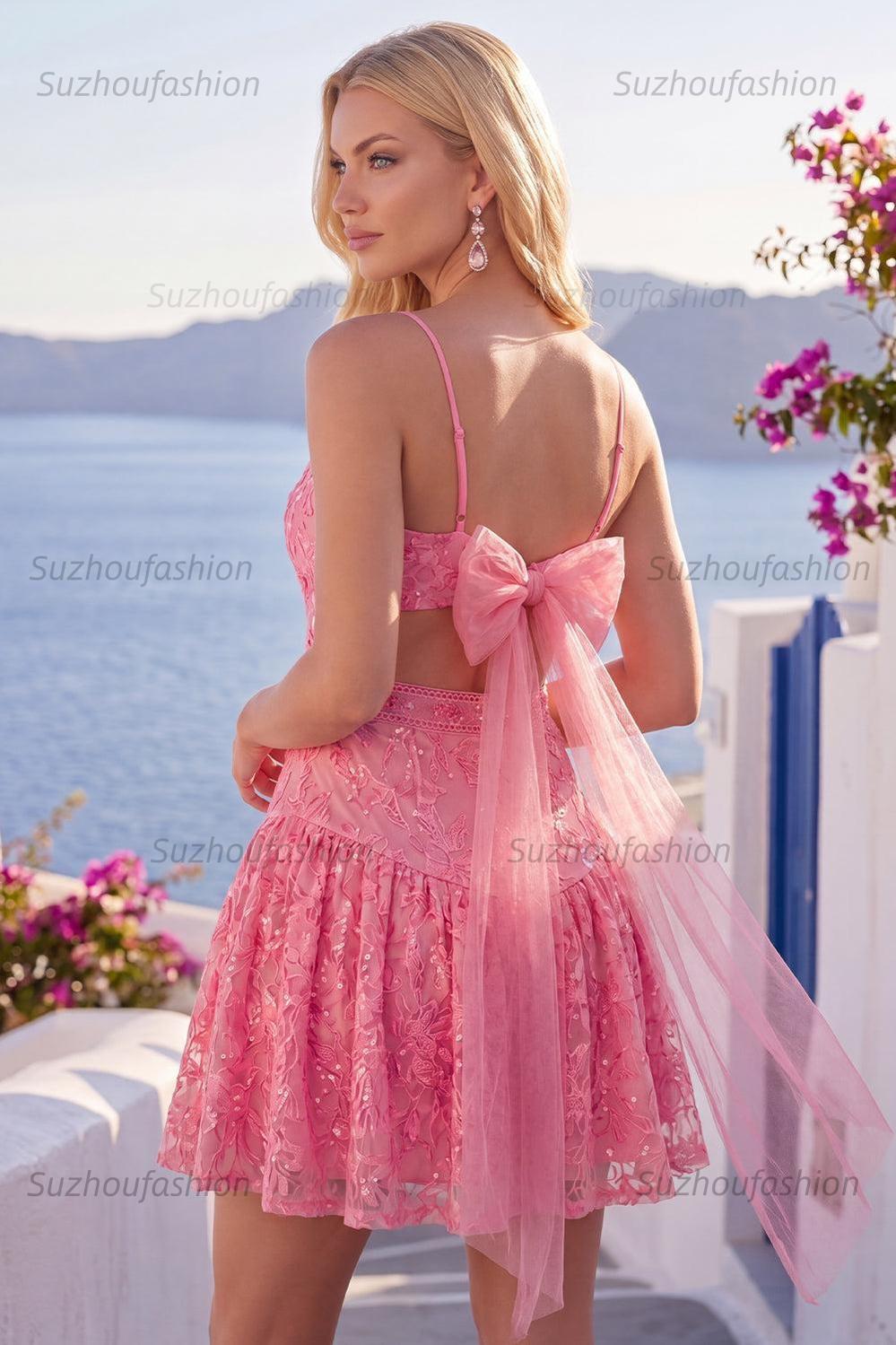 Suzhoufashion Hot Pink Short Lace Sequin Spaghetti Straps A Line Homecoming Dress with Bow