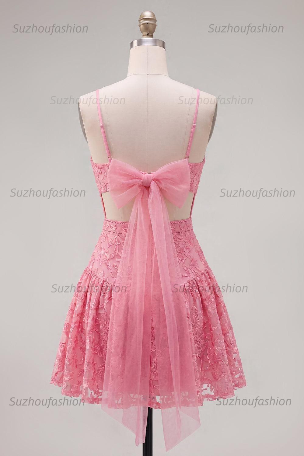 Suzhoufashion Hot Pink Short Lace Sequin Spaghetti Straps A Line Homecoming Dress with Bow