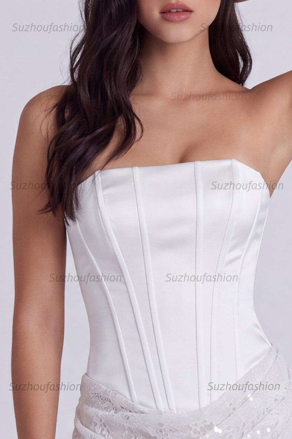 Suzhoufashion Ivory Corset Lace Tight Ruched Strapless Short Engagement Dress