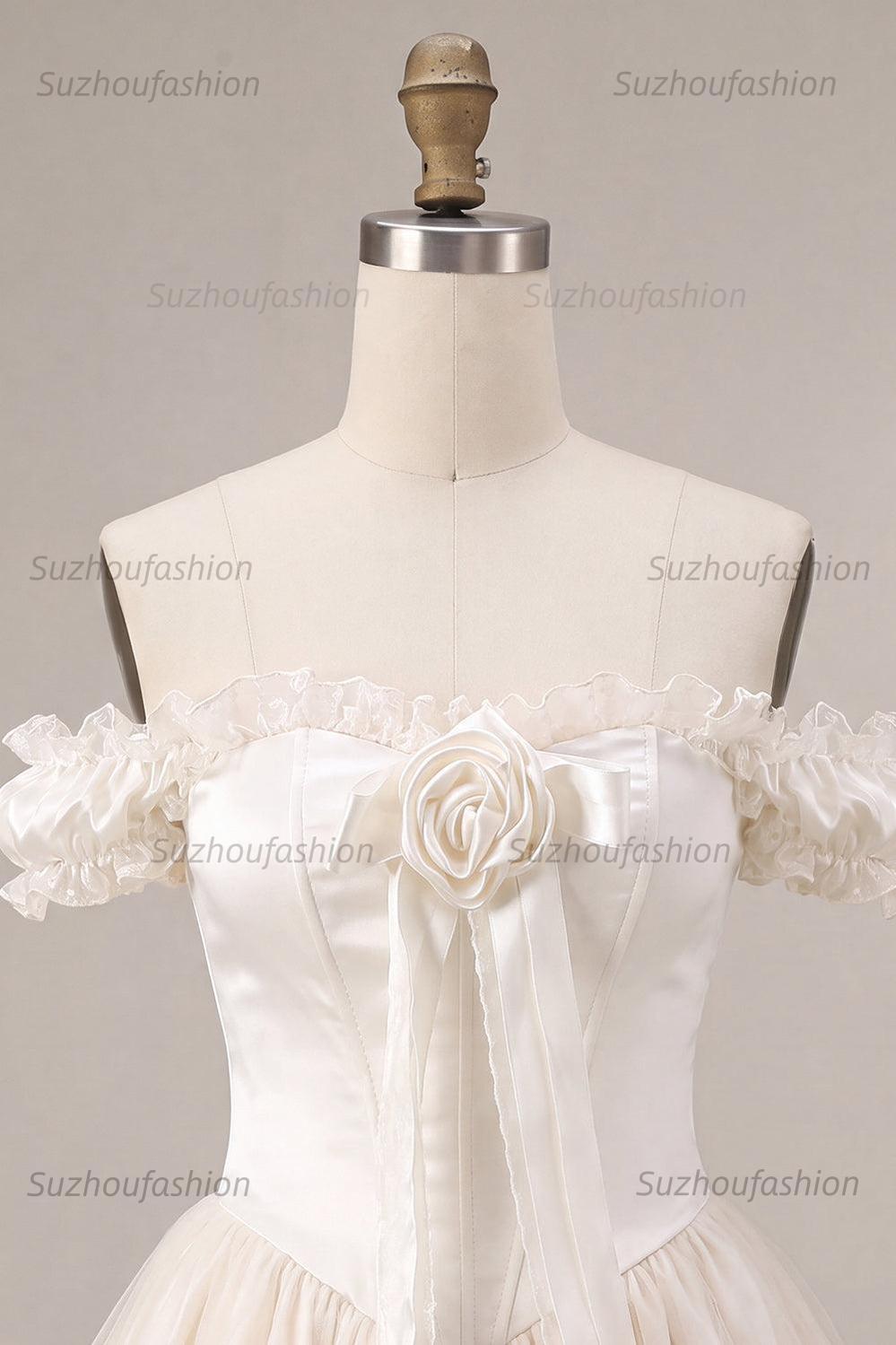 Suzhoufashion Ivory Ruffled A Line Corset Short Homecoming Dress with 3D Flower