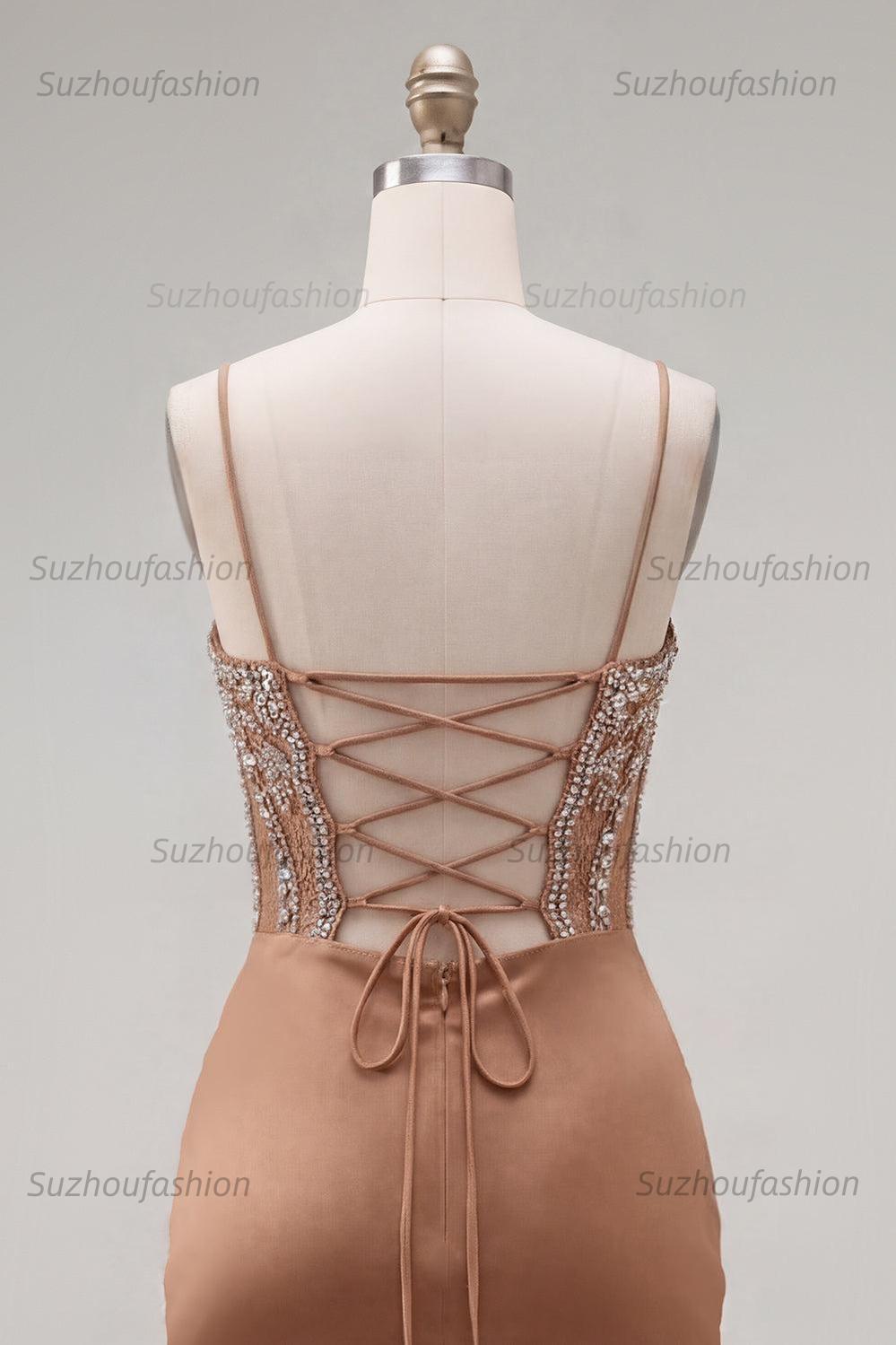 Suzhoufashion Khaki Tight Ruched Short Corset Homecoming Dress with Rhinestones