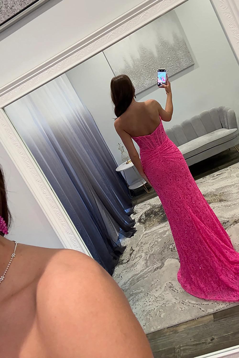 Suzhoufashion Lace Fuchsia Prom Dress Mermaid Corset Keyhole Long Formal Dress With Slit