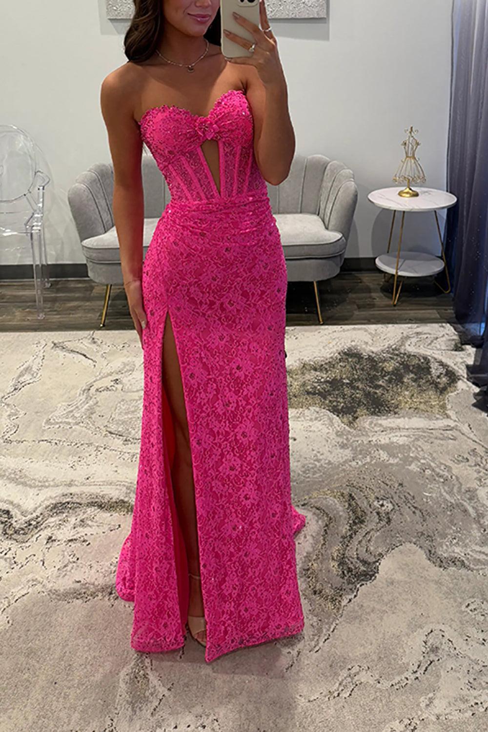 Suzhoufashion Lace Fuchsia Prom Dress Mermaid Corset Keyhole Long Formal Dress With Slit