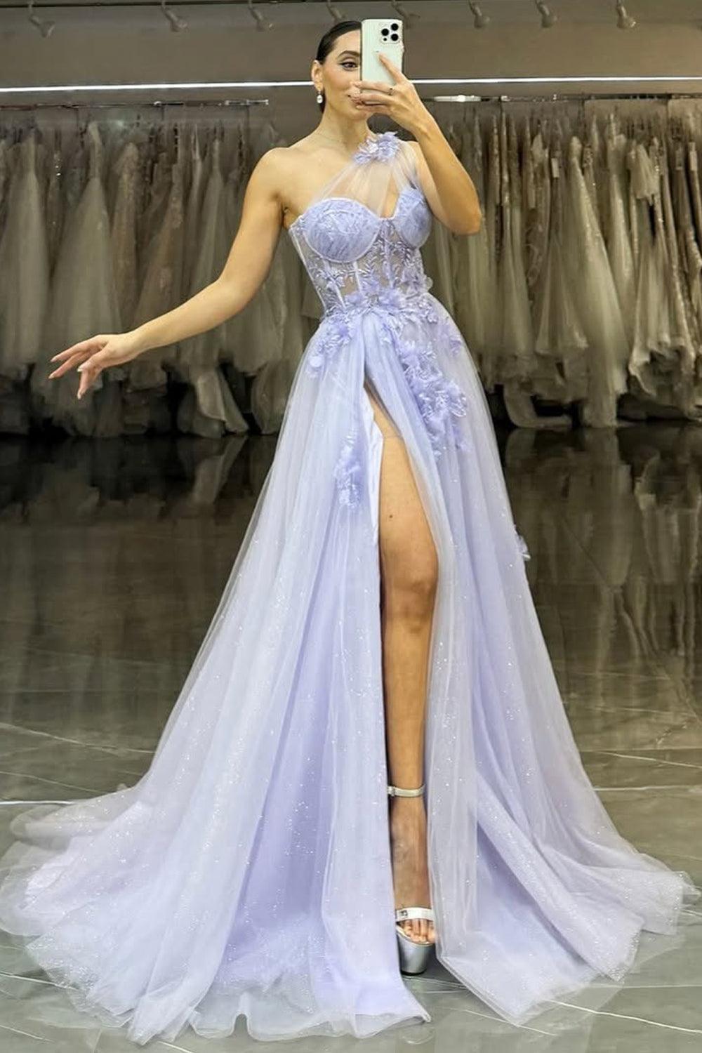 Suzhoufashion Lavender One-Shoulder Floral Appliques Tulle Prom Gown With High Slit Formal Evening Gown