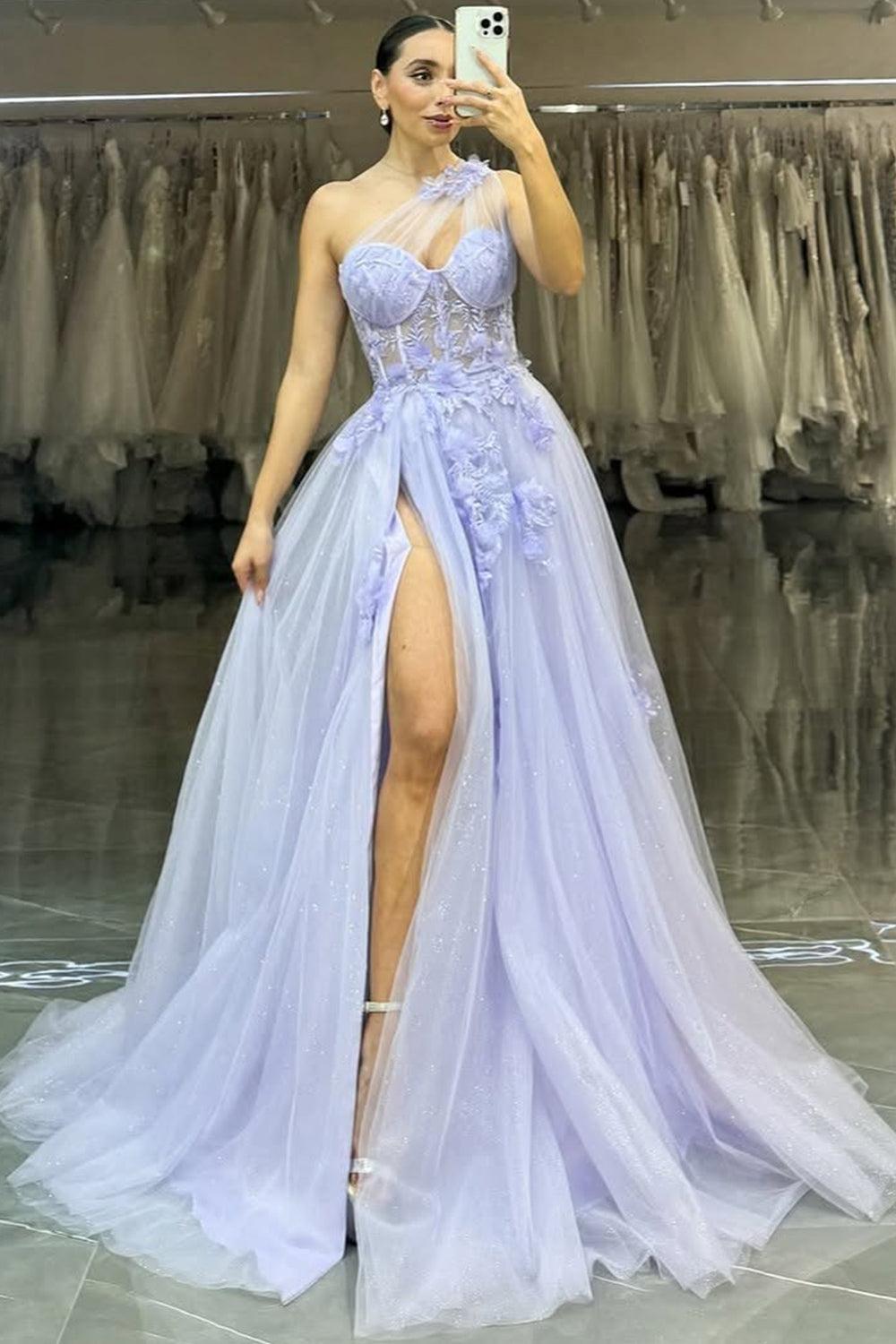 Suzhoufashion Lavender One-Shoulder Floral Appliques Tulle Prom Gown With High Slit Formal Evening Gown